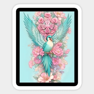 Teal bird with pink flowers Sticker